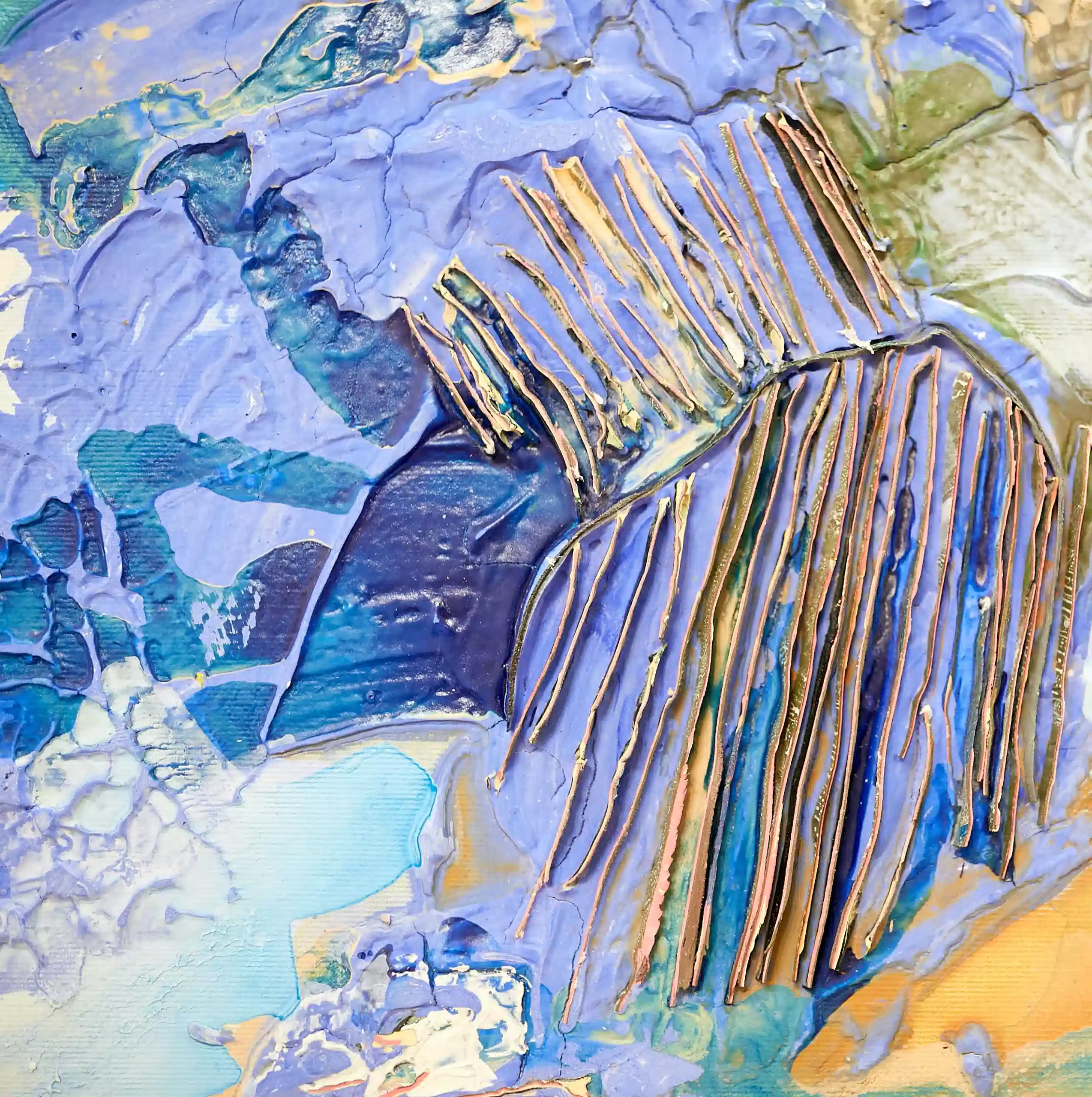 Call me blue by Marina Aristotel - Rectangular mixed-media sculptural painting from the AASAMBLAJ series. Features dense putty textures, acrylic insertions, and a high-contrast palette of blue, orange, brown, and white. Contemporary abstract wall art with tactile relief.