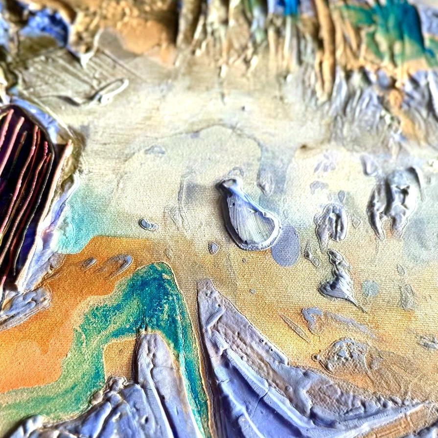 Call me blue by Marina Aristotel - Rectangular mixed-media sculptural painting from the AASAMBLAJ series. Features dense putty textures, acrylic insertions, and a high-contrast palette of blue, orange, brown, and white. Contemporary abstract wall art with tactile relief.