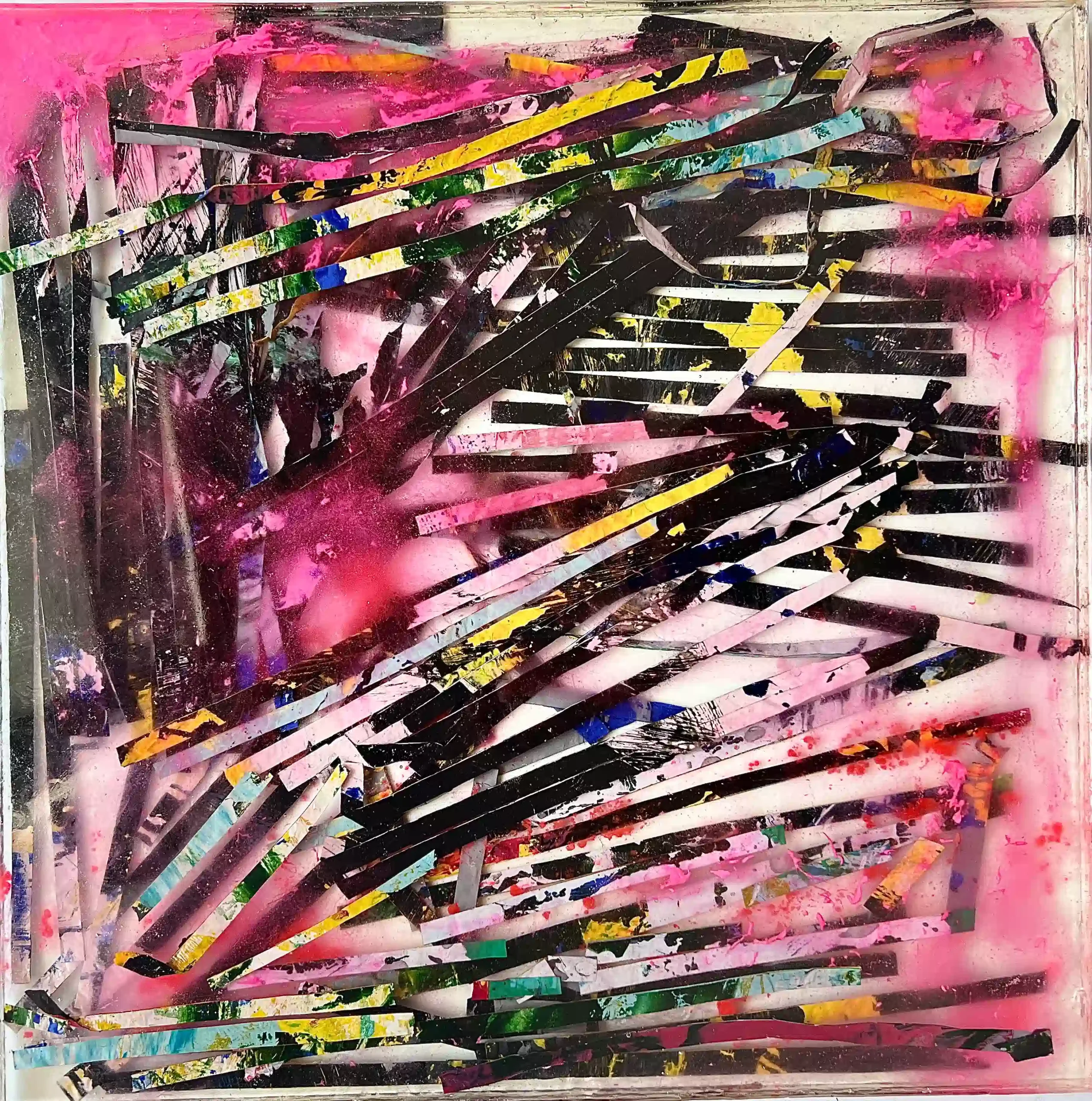 Original square resin sculpture 'La Vie en Rose' by contemporary artist Marina Aristotel. This 3D abstract mixed media artwork features a complex composition of suspended horizontal and diagonal shards, incorporating vibrant neon pink, deep black, and multi-colored textural fragments. Encased in high-gloss, crystal-clear structural resin, the piece creates a sense of depth and energetic movement. A sophisticated statement artwork for luxury interior design, modern art collections, and fans of tactile, geometric abstraction.