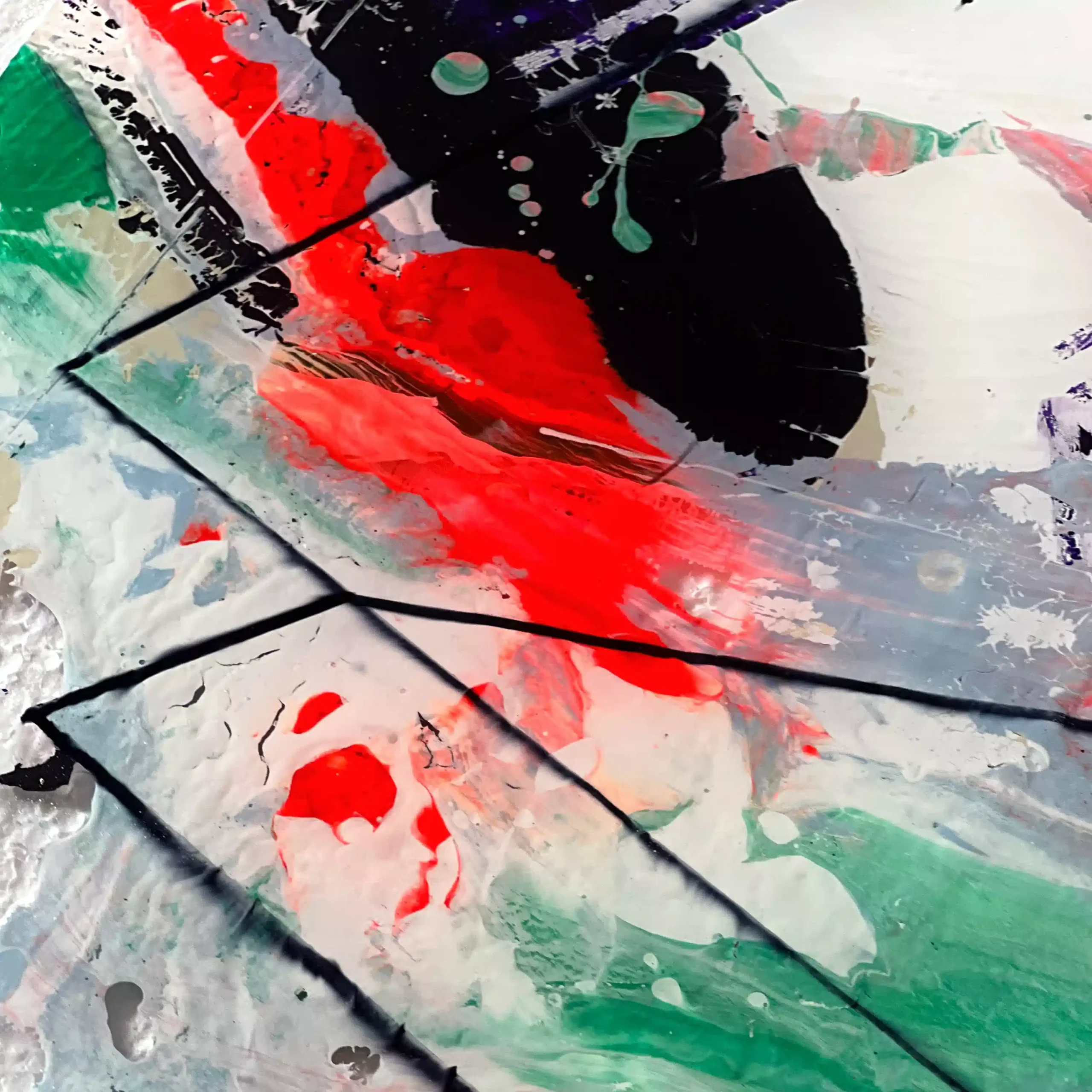 Original 3D abstract mixed media artwork, 'Space Geometry' by Marina Aristotel. This square structural resin painting features sharp black geometric outlines contrasted against fluid movements of vibrant red, deep purple, and emerald green pigments. The composition uses thick, sculptural white impasto layers and distressed textures encased in high-gloss resin to create a sense of cosmic depth. An investment-grade statement piece for modern luxury homes, corporate art collections, and enthusiasts of contemporary architectural abstraction. details
