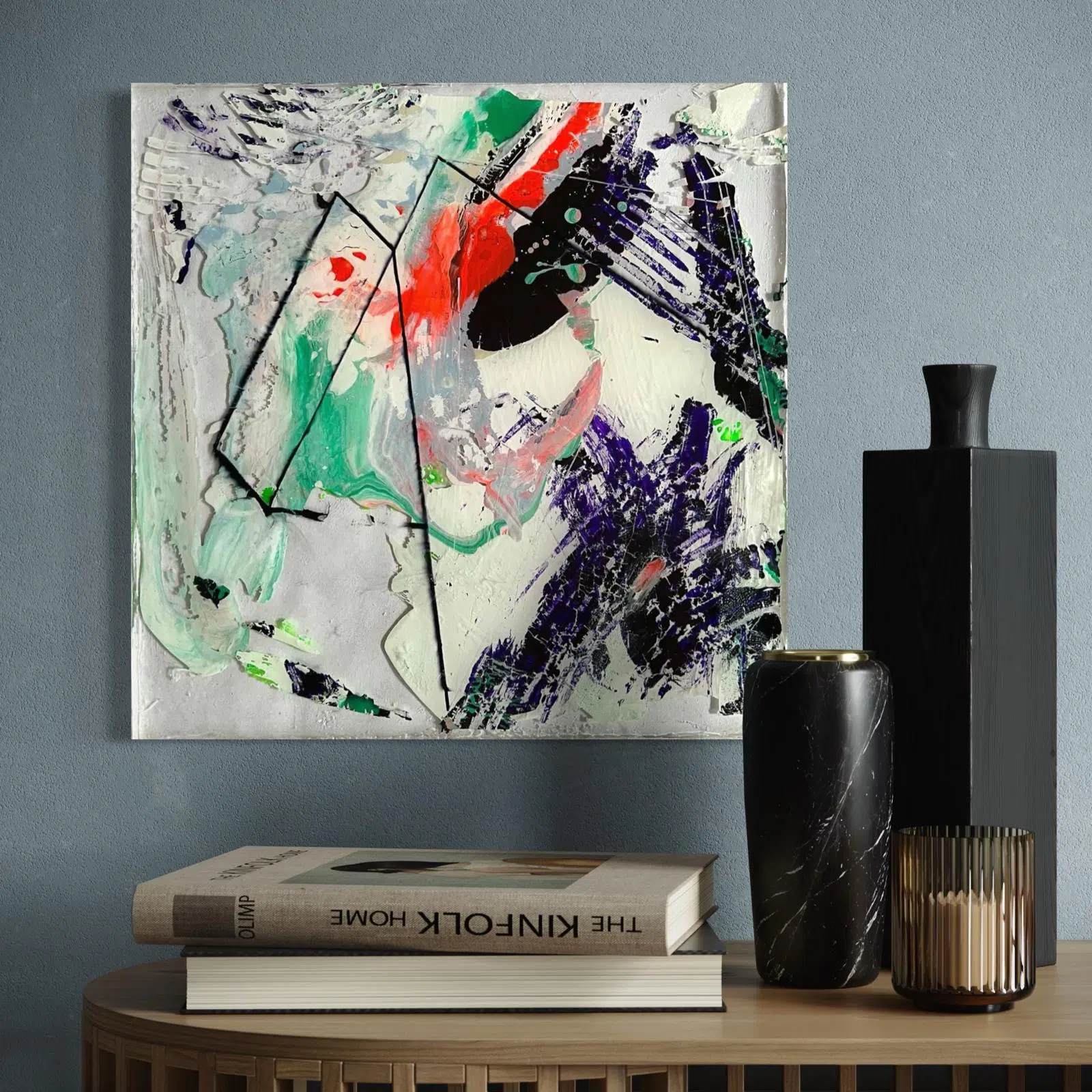 Original 3D abstract mixed media artwork, 'Space Geometry' by Marina Aristotel. This square structural resin painting features sharp black geometric outlines contrasted against fluid movements of vibrant red, deep purple, and emerald green pigments. The composition uses thick, sculptural white impasto layers and distressed textures encased in high-gloss resin to create a sense of cosmic depth. An investment-grade statement piece for modern luxury homes, corporate art collections, and enthusiasts of contemporary architectural abstraction. home simulation