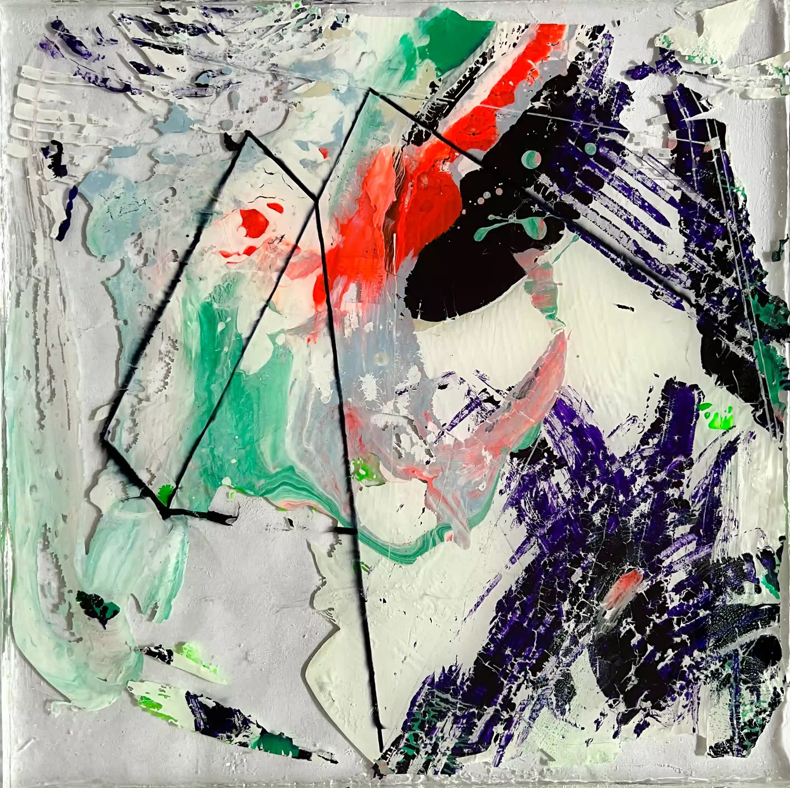 Original 3D abstract mixed media artwork, 'Space Geometry' by Marina Aristotel. This square structural resin painting features sharp black geometric outlines contrasted against fluid movements of vibrant red, deep purple, and emerald green pigments. The composition uses thick, sculptural white impasto layers and distressed textures encased in high-gloss resin to create a sense of cosmic depth. An investment-grade statement piece for modern luxury homes, corporate art collections, and enthusiasts of contemporary architectural abstraction.