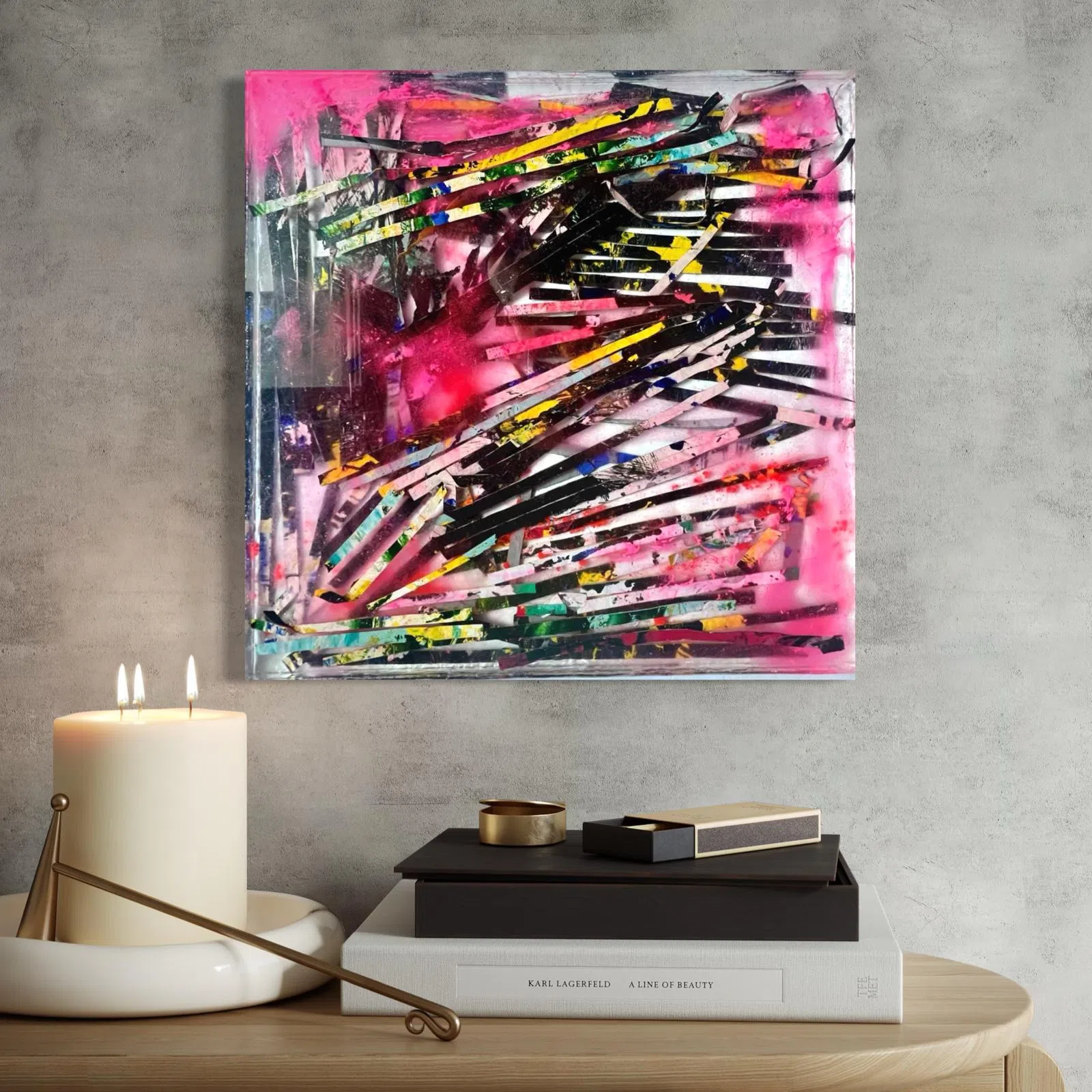 Original square resin sculpture 'La Vie en Rose' by contemporary artist Marina Aristotel. This 3D abstract mixed media artwork features a complex composition of suspended horizontal and diagonal shards, incorporating vibrant neon pink, deep black, and multi-colored textural fragments. Encased in high-gloss, crystal-clear structural resin, the piece creates a sense of depth and energetic movement. A sophisticated statement artwork for luxury interior design, modern art collections, and fans of tactile, geometric abstraction. home simulation