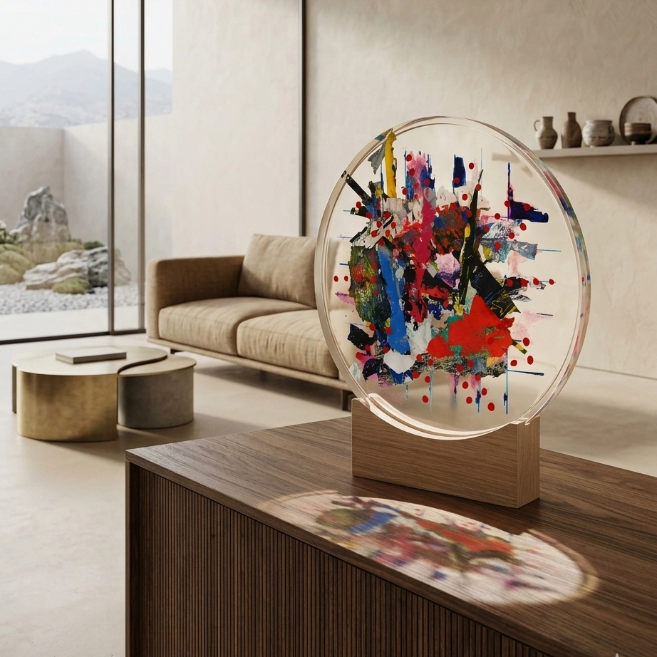 Original circular abstract resin sculpture by Marina Aristotel, titled 'From A colour to You.' This free-standing 3D mixed media artwork features a transparent resin disk mounted on a minimalist oak wood support. The design showcases a vibrant, suspended collage of crimson red, cobalt blue, and yellow pigments with floating red polka dots and textured paper elements. Its translucent property allows for light play and colored shadows, making it a sophisticated centerpiece for premium contemporary interiors and fine art collections.
