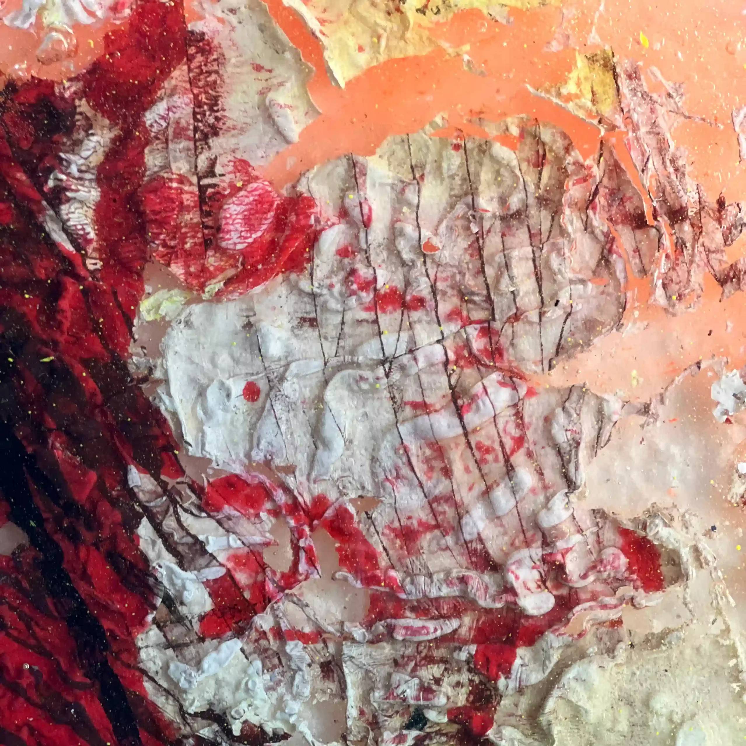 abstract mixed media painting, 'Tradition is Meant to be Abstract' by Marina Aristotel. This contemporary structural resin artwork features a high-relief tactile surface with a vibrant orange backdrop, layered with deep crimson red impasto, bright yellow highlights, and weathered cream textures. The composition incorporates complex organic striations and distressed grid patterns, ideal for modern luxury interiors and collectors of expressive, textured fine art.