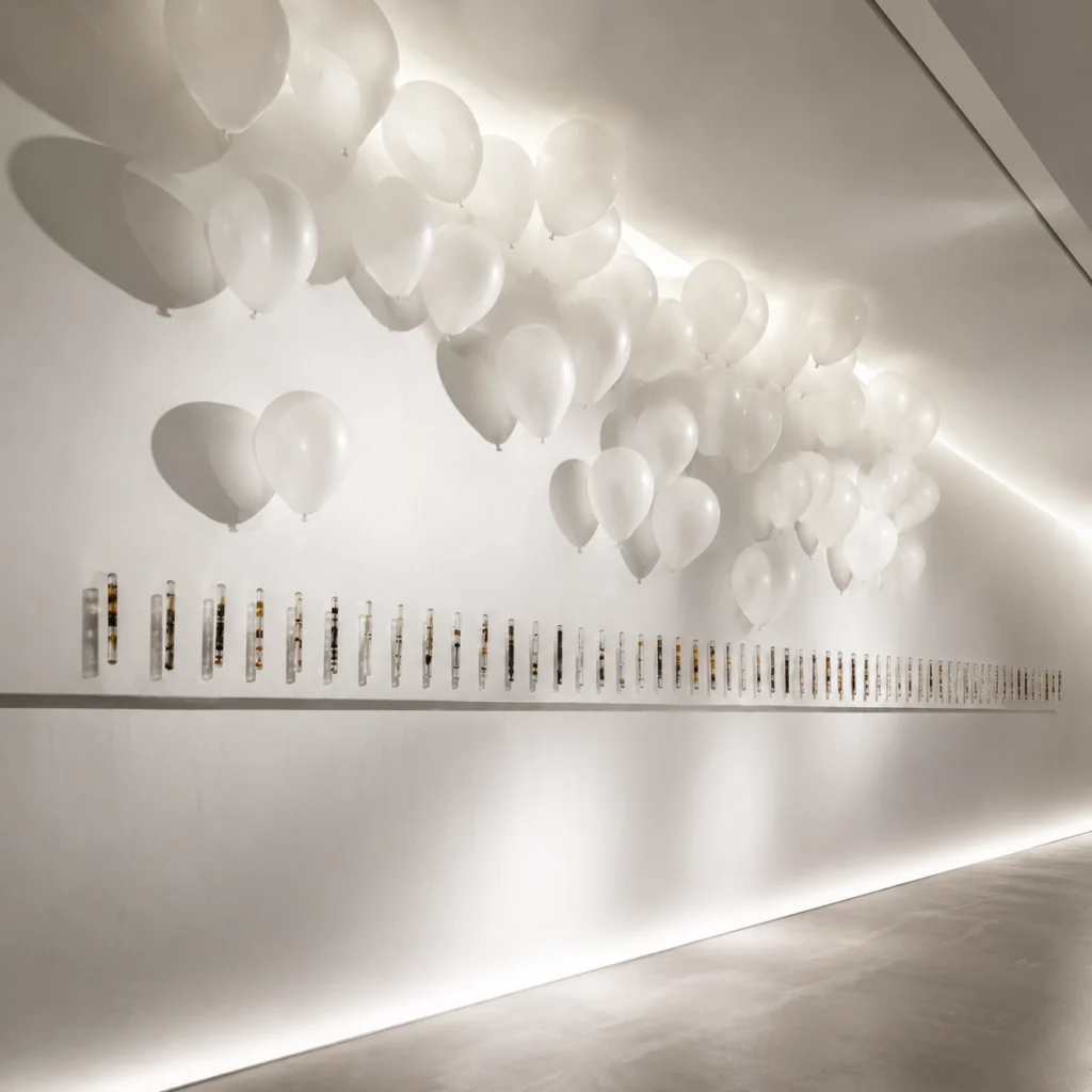 ReWired: A site-specific installation exploring the delicate balance between structural rigidity and ethereal weightlessness. By suspending bespoke resin-encased pigments against a field of pneumatic forms, the work redefines the threshold of the wall, turning static architecture into a living, breathing dialogue.