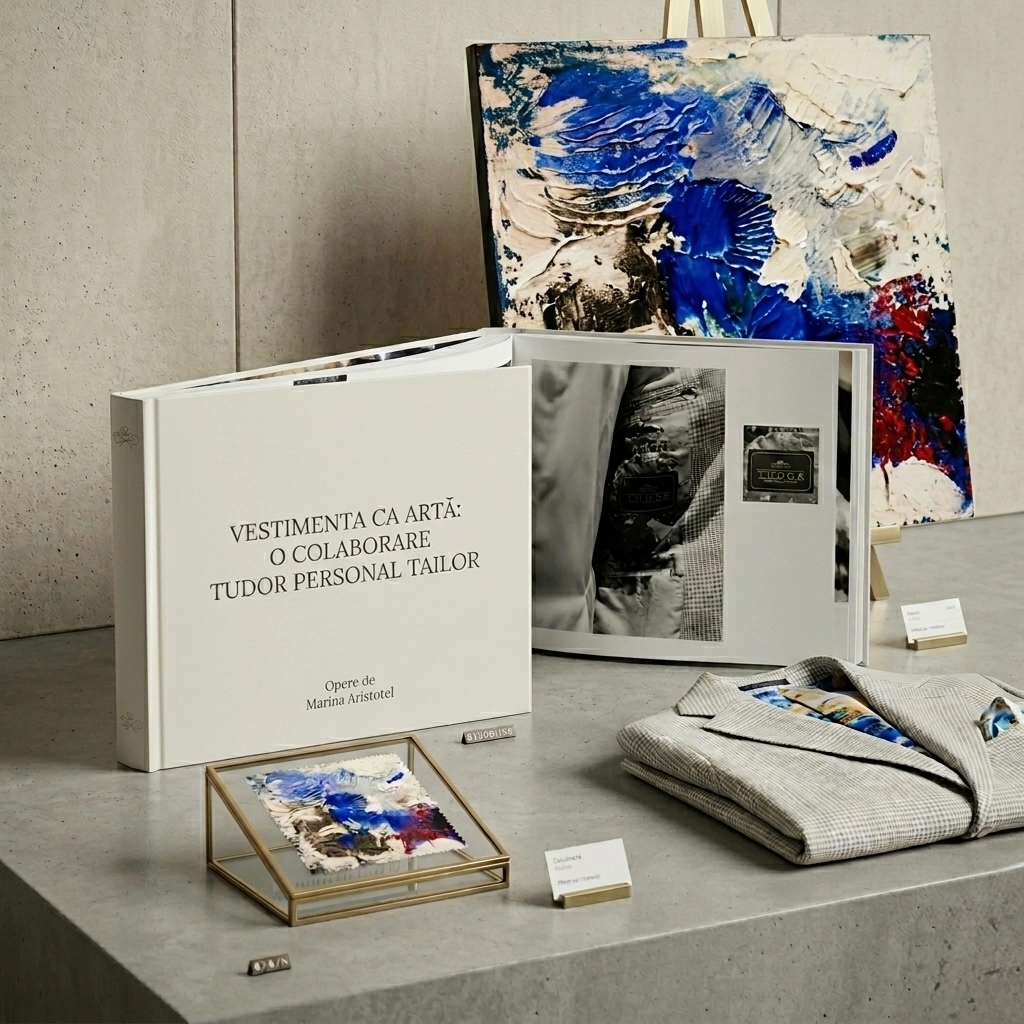 Bespoke sartorial edit featuring original artwork digitally printed onto premium fabric, utilized for custom jacket linings and pocket squares. Featured in Forbes Life Romania — Art & Couture series